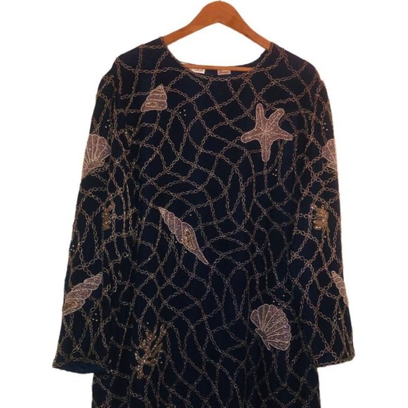 Vintage HARRISON MORGAN Sz 1X Women's Navy Silver Pearl Beaded Seashells Blouse - Picture 2 of 10